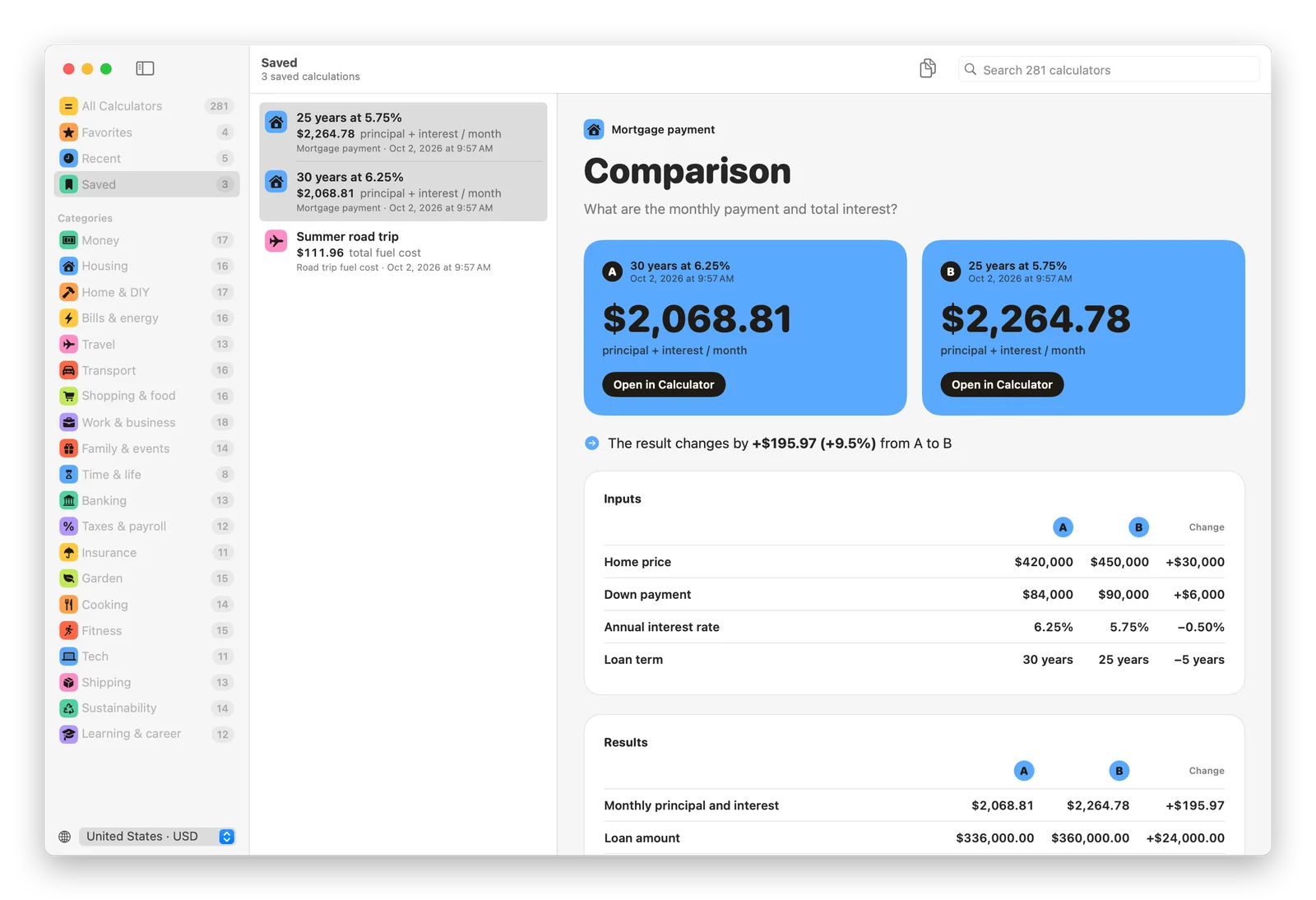 Two mortgage calculations compared side by side