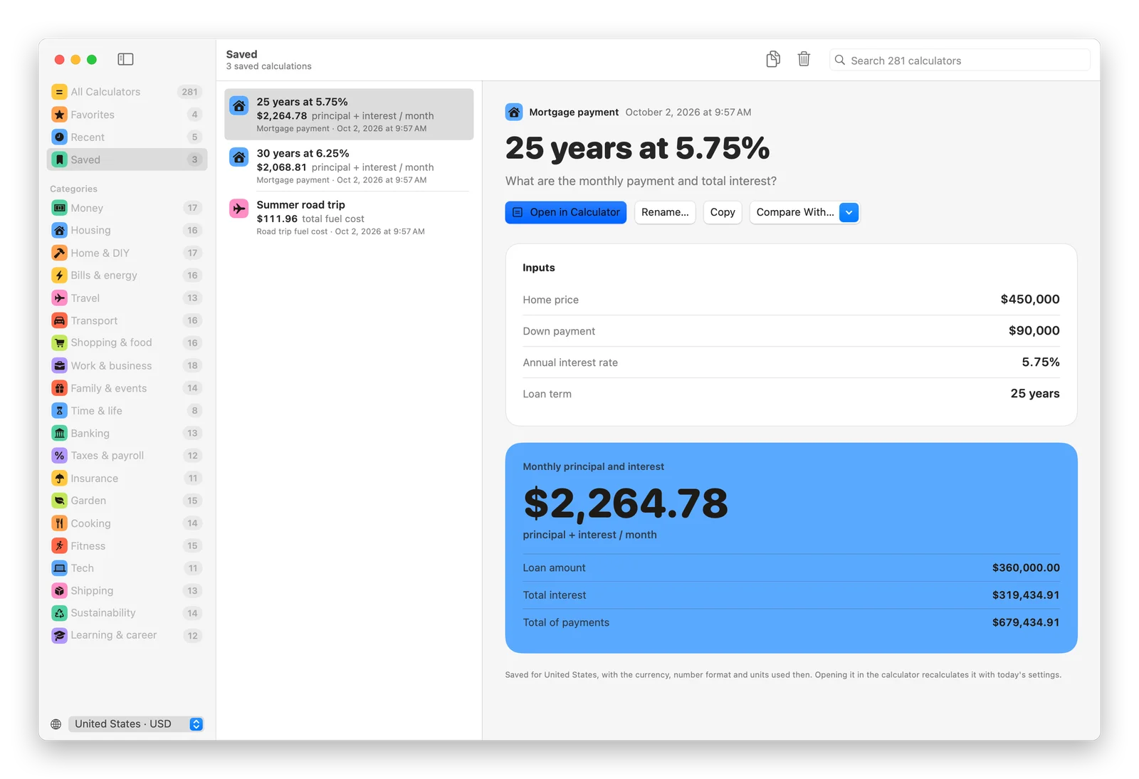 A saved mortgage calculation with its inputs and its result