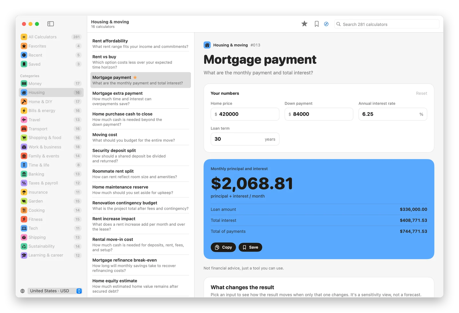 The Calculum window with the mortgage payment calculator open